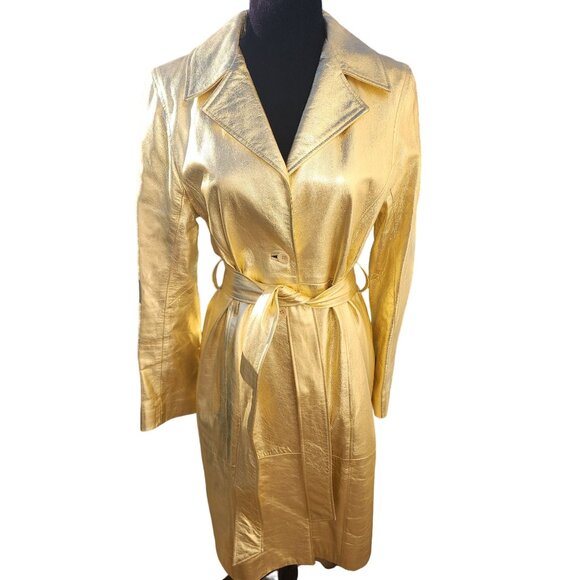Glamorous Gold Metallic REAL Genuine Soft Leather Designer Jacket Coat Trench NW - Picture 10 of 16